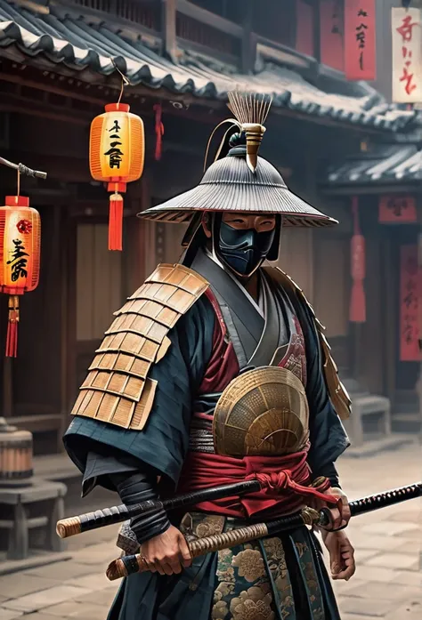 A Japanese warrior ronin with magnificent mask in portrait, the atmosphere is heavy and sad. Its very detailed and in the atmosphere of the old quarter of the time