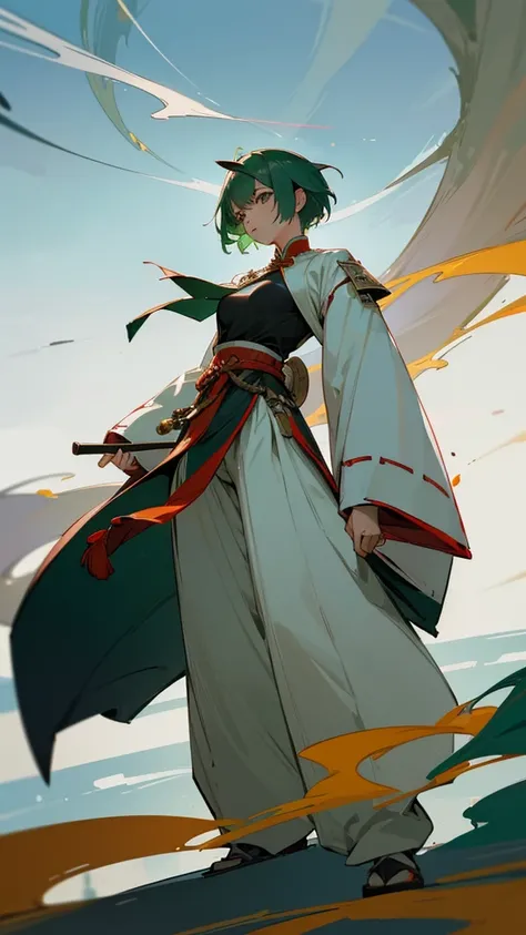 (Artwork, Highest quality, Facial details, Very redundant, Advanced Details, Highest quality, High resolution, 8K) frontを向いている、Green Hair、Her hair is short、small breast、upright stance、full body、Fighter、Uniform、Chinese Knight、Chinese style、White background、...