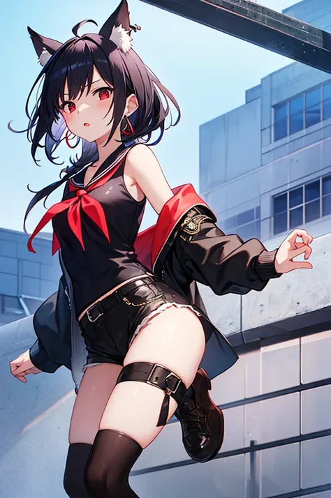 score_9、score_6_up、source_anime BREAK 1 girl、solo、Black Hair、Black Shirt、Black shorts、Striped Hair、Sleeveless、Red eyes、Red neckerchief、Thigh straps、Single knee socks、Ahoge、Earrings、Fox&#39;s Tail、Wicked Smile、Japanese Town、night