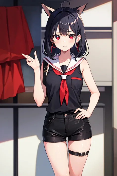 score_9、score_6_up、source_anime BREAK 1 girl、solo、Black Hair、Black Shirt、Black shorts、Striped Hair、Sleeveless、Red eyes、Red neckerchief、Thigh straps、Single knee socks、Ahoge、Earrings、Fox&#39;s Tail、Wicked Smile、Japanese Town、night