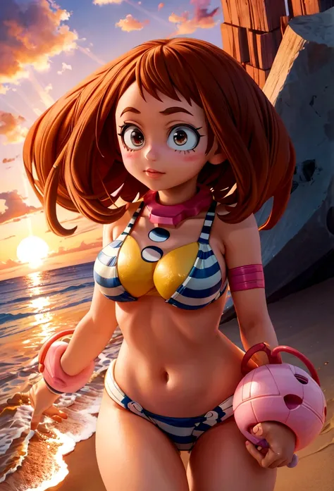 Ochako Uraraka, striped micro bikini, playa, sunrise 