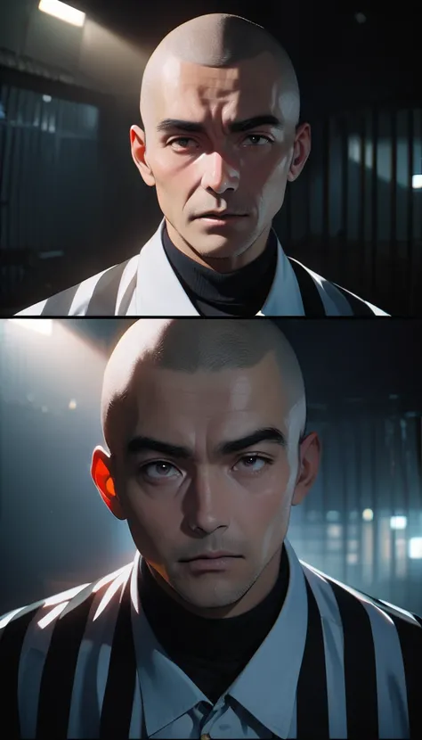 (8K, RAW photos, best quality, masterpiece: 1.4), (((关在Jail的Middle-aged men)))，Ultra-high resolution, Extremely detailed, light, Upper body close-up, Middle-aged men, black eyes, (delicate eyes, Eyes are bright:1.2), Black buzz cut, Fair skin,dark, Prison ...