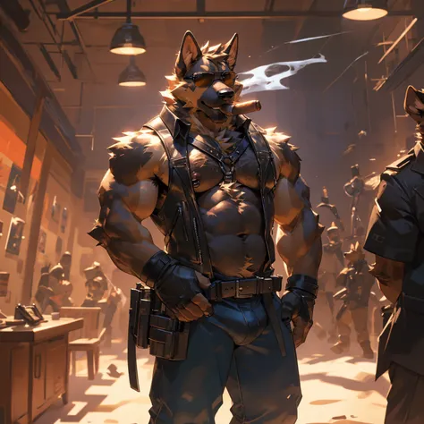 Solo, male, medium muscular, german shepherd, dog, biker, hairy chest, furry chest hair, shirtless, leather vest, blue jeans, leather chest harness, gun holster, gun, leather fingerless gloves, combat boots, boots, cigar, cigar in mouth, nipple piercing ((...