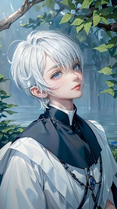 ((4K works))、​masterpiece、(top-quality)、One beautiful boy、Slim body、tall、((Black  priests uniform ))、(Detailed beautiful eyes)、Tranquility Lake , Trees and serene fountains that finely depict the landscape of the gardens sanctuary、((Short-haired white hair...