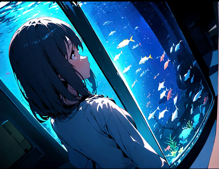 aquarium、A girl standing in front of a huge aquarium、Large single glass aquarium、Dimly lit interior、Quiet atmosphere、Girl looking up at a fish tank、There is a girl in the center、Angle of view from the rear