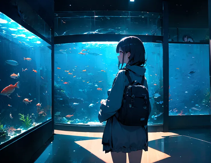 aquarium、A girl standing in front of a huge aquarium、Large single glass aquarium、Dimly lit interior、Quiet atmosphere、Girl looking up at a fish tank、There is a girl in the center、Angle of view from the rear