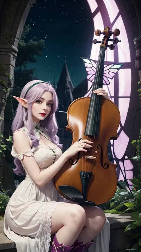 Irish woman, anime, modest, beautiful, high quality, night, 8k, long waist length light pale purple hair, green eyes, red lips, eyelashes, long victorian white dress, boots, elf ears, large colorful butterfly fairy wings, violin