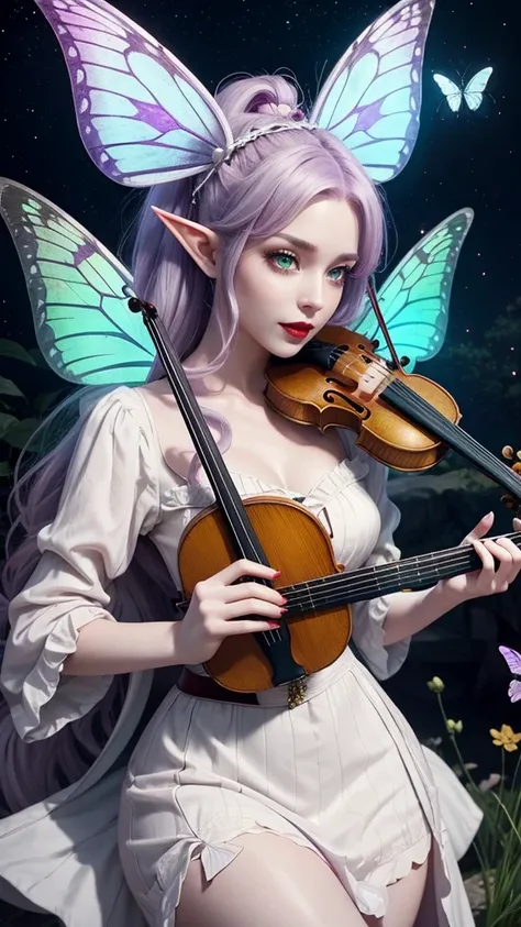 Irish woman, anime, modest, beautiful, high quality, night, 8k, long waist length light pale purple hair, green eyes, red lips, eyelashes, long victorian white dress, boots, elf ears, large colorful butterfly fairy wings, violin