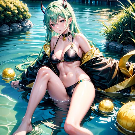 Miku Nakano lying on the grass on the banks of a lagoon ( is looking at the sky), in black underwear with gold edges, Shiny golden hair, 2 horns equal to GOLDEN MOON from free fire, black eyes, provocative face