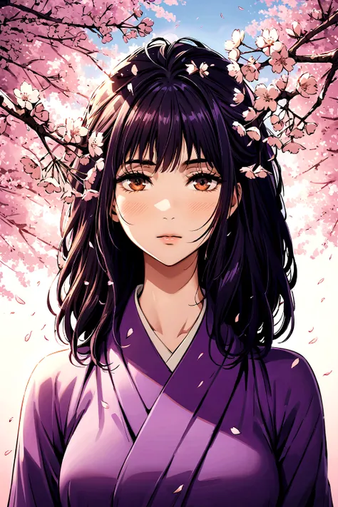 Lady with dark violet hair and brown eyes under cherry blossom ,warm colors