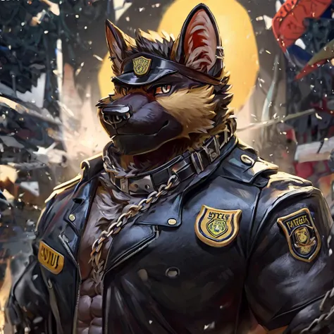 muscular male anthropomorphic german shepherd, black leather jacket, black leather collar, police badge, sliver chain on collar