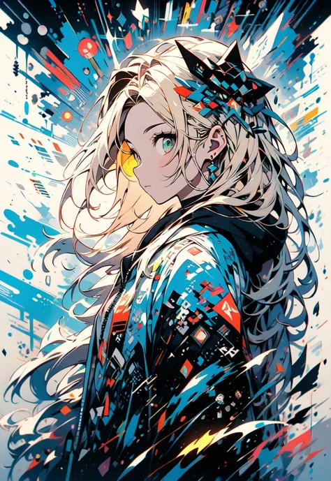 masterpiece, (beautiful and aesthetic:1.5), surrealism, highly detailed, anime, a side view painting of 1girl, wearing multicolored hoodie, blonde long hair, green eyes, red and dark blue color pallet, hard brush, gradient binary code effect, minimalist lo...