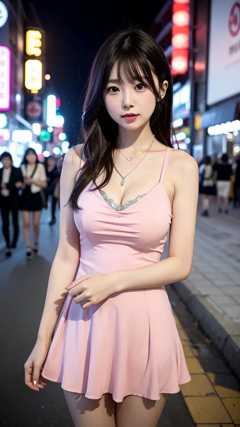 One girl,Japanese,Cute system,Highest quality,8K,In the neon city,wear a pink dress,Wear a silver necklace