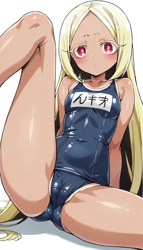 score_9, score_8_up, source_アニメ,Morino Korisu, long hair, blonde hair, red eyes, very long hair, bright pupils,((1girl)),White background,shiny skin,School swimsuit,High leg,Sunburn,Leg spread,slimy