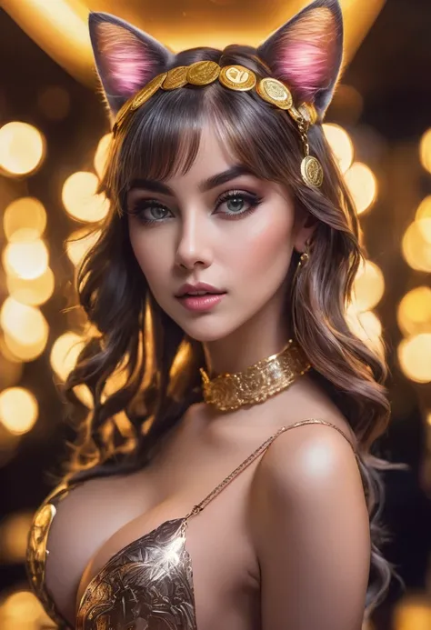 a beautiful woman wearing cat ear headband, lingerie, holding bitcoin coin in hand, highly detailed, hyper realistic, 1girl, elegant, intricate details, photorealistic, 8k, studio lighting, sharp focus, physically-based rendering, extreme detail descriptio...