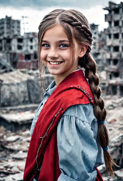  13 year old, horrible smile, nasty, olhar malicioso, grey-eyed, abandoned city background with bluish tone with red, drawning, ful dressed, straight hair with braid above the shoulder.