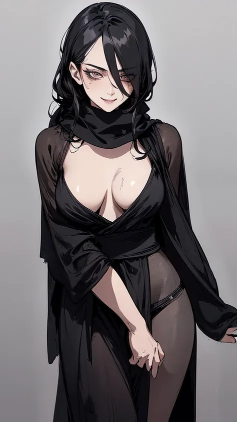 Top quality, (background details), high contrast, one very beautiful woman, detailed original illustration, functional, delicate face, ninja, ninja costume, black hair, scarf, face hidden by hand towel, charming, bad girl, sexy, real breasts, crazy smile, ...