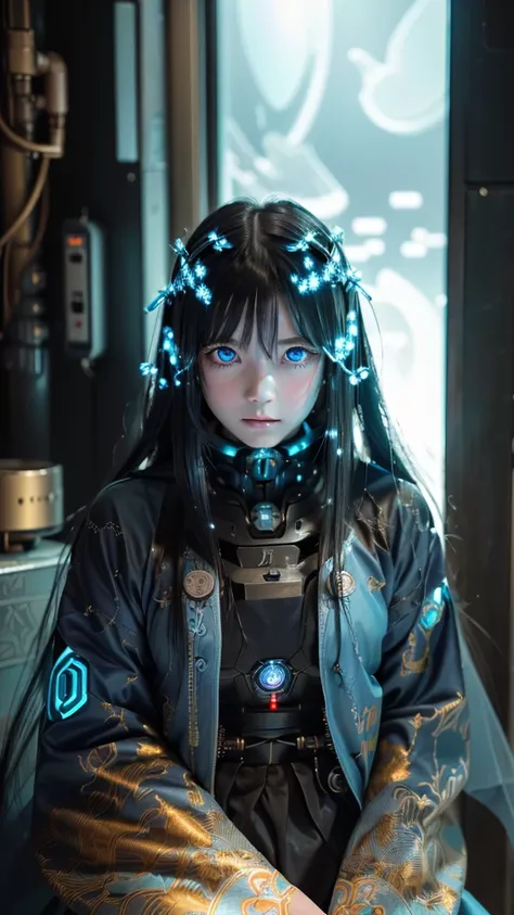 (Neo Tokyo:1.5), (Cyberpunk:1.5), (12 year old very pretty and beautiful and girl ghost with mysterious atmosphere:1.5), (petite in appearance and graceful in traditional Japanese costume and design, (beautiful light blue eyes:1.3), (light blue plasma all ...