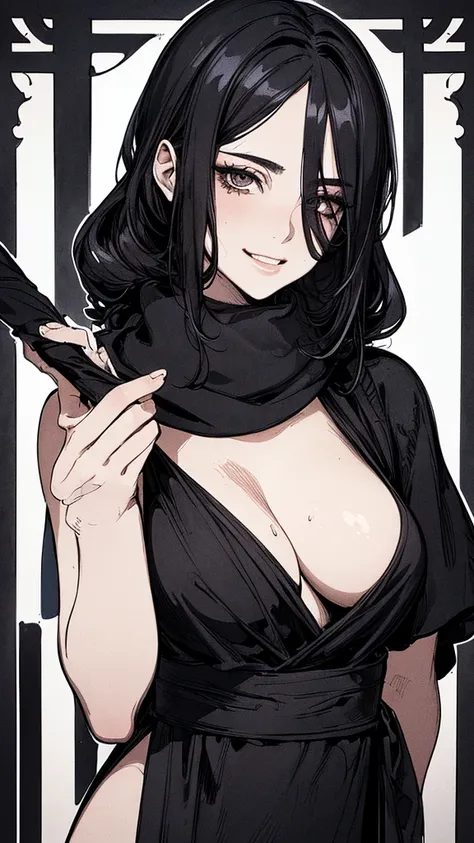 Top quality, (background details), high contrast, one very beautiful woman, detailed original illustration, functional, delicate face, ninja, ninja costume, black hair, scarf, face hidden by hand towel, charming, bad girl, sexy, real breasts, crazy smile, ...