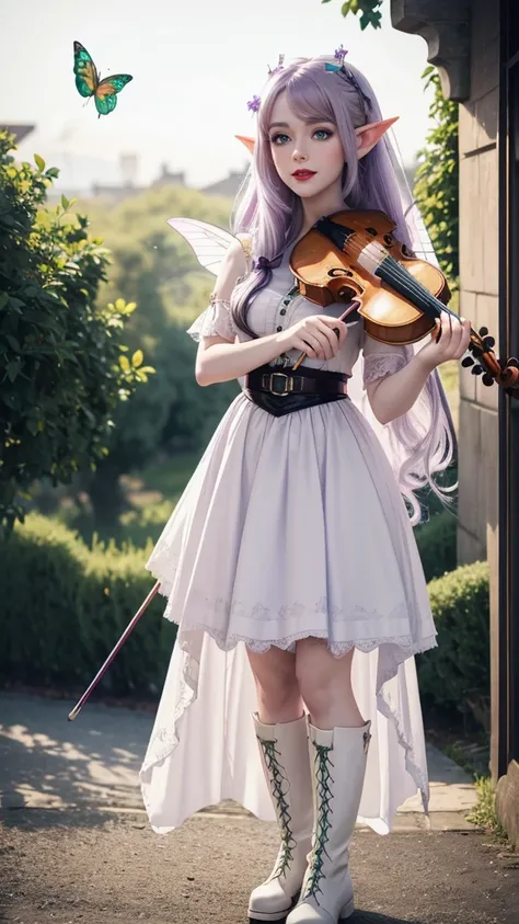 Irish woman, anime, modest, beautiful, high quality, night, 8k, long waist length light pale purple hair, green eyes, red lips, eyelashes, long victorian white dress, boots, elf ears, large colorful butterfly fairy wings, violin, standing