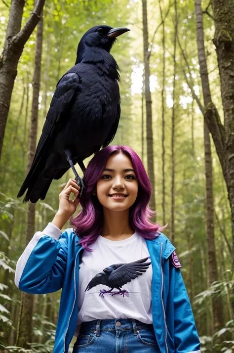 1 girl, fuchsia hair, Brown eyes, happy, upperbody, blue jacket, White T-shirt, pixel world,nature, forest, crows in trees, flores, blue sky