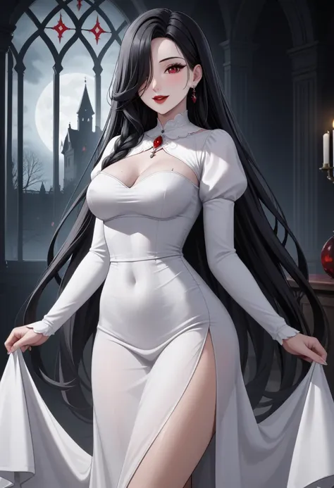 1girl, ghost woman, mature woman, medium breasts, very pale, white skin, pale white skin, very long hair, black hair, hair over one eye, red eye, white dress, long sleeves, haunted mansion background, intricate detail, masterpiece quality, ultra HD, 4K, be...