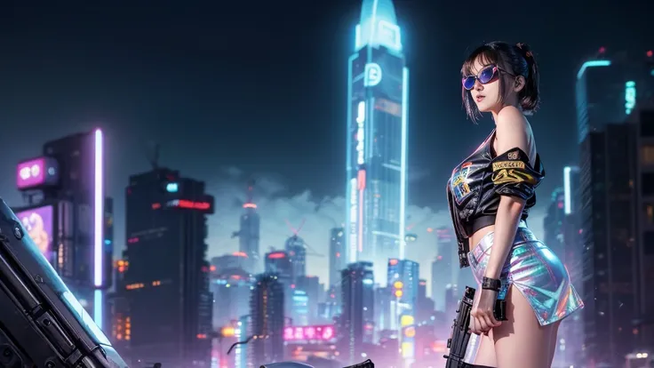 8k, Realistic Skin Texture, Realistic Photo, Neo Tokyo, slim women, large-breast:1.4 cleavage:1.3, AD2050 at night, Dirty hunting jacket, Wearing tube top, miniskirt, (((black sunglasses, automatic rifle, sneakers, cold, shooting pose, very low angle view)...