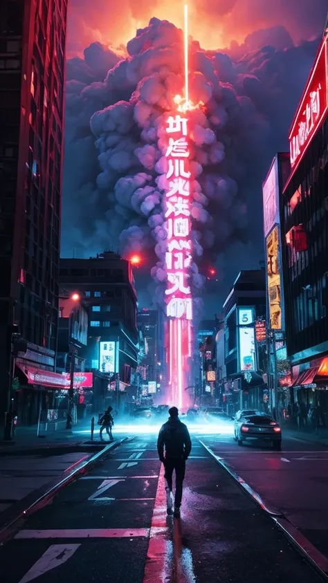 "The gigantic monster moving forward, destroying buildings in its path."2737637048 night neon