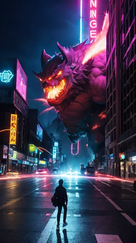 "The gigantic monster moving forward, destroying buildings in its path."2737637048 night neon