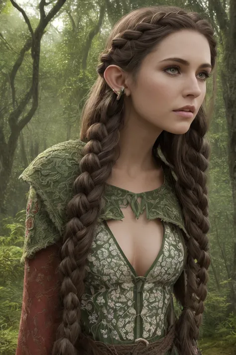 upper body close-up, druid female elf, multiple stitched layer cloth armor, intricate floral pattern, long dark brown hair, long braid hairstyle, detailed face and eyes, mature woman, forest lake with ruins background, volumetric light, god rays, long elf ...