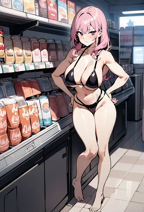 Masterpiece, best quality, Masterpiece, best quality, 1 woman , pink hair , purple eyes , sly face , black bikini , big breasts , abdomen , Long legs , Put your hands on your hips. , Barefoot , full body , convenience store 