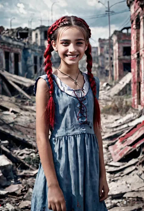  13 year old, horrible smile, nasty, olhar malicioso, clayey espressa,, morbid abandoned city background with bluish tone with red, drawning, ful dressed, straight hair with braid above the shoulder.