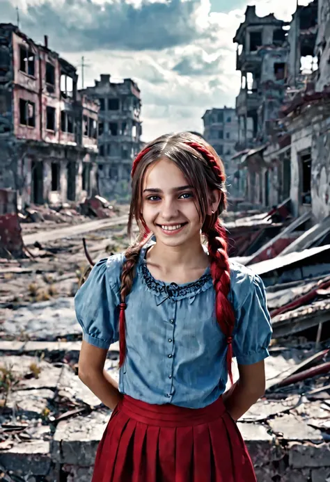  13 year old, horrible smile, nasty, olhar malicioso, clayey espressa,, morbid abandoned city background with bluish tone with red, drawning, ful dressed, straight hair with braid above the shoulder.