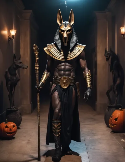 a man dressed as realistic walking dead Anubis halloween costume design, intimidating psychopathic man, anubis mask, dark energy, black costume, holding a staff, full body highly detailed, cinematic lighting, dramatic atmosphere party entrance, photorealis...