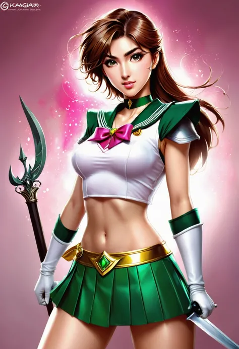 una Women con una falda verde y un top rosa sosteniendo un cuchillo, an anime drawing of Kamagurka, Deviantart, fantasy art, Sailor Jupiter. beautiful, Extremely detailed artistic germ, palutena lady, portrait, Knights of the Zodiac, Women, Detailed key an...