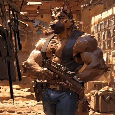 Solo, male, medium muscular, german shepherd, dog, biker, hairy chest, furry chest hair, shirtless, leather vest, blue jeans, leather chest harness, gun holster, gun, leather fingerless gloves, combat boots, boots, cigar, cigar in mouth, nipple piercing ((...