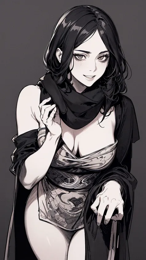 Top quality, (background details), high contrast, one very beautiful woman, detailed original illustration, functional, delicate face, ninja, ninja costume, black hair, scarf, face hidden by hand towel, charming, bad girl, sexy, real breasts, crazy smile, ...