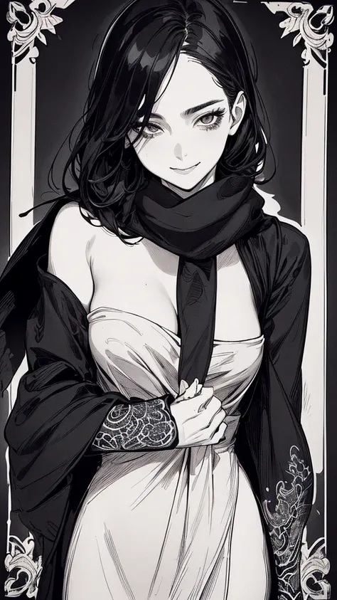 Top quality, (background details), high contrast, one very beautiful woman, detailed original illustration, functional, delicate face, ninja, ninja costume, black hair, scarf, face hidden by hand towel, charming, bad girl, sexy, real breasts, crazy smile, ...