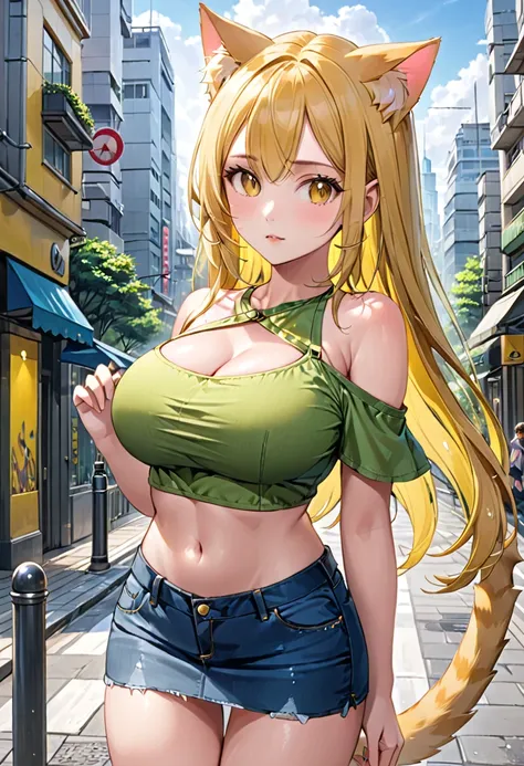 (( straight face picture )) ((best quality)),  ((Masterpiece)), (details), Young woman ,cat ears ,yellow hair , beautiful girl hair , according to green  ,Yellow open-shoulder shirt outfit , jeans skirt , has a tail, big breasts, ,city
