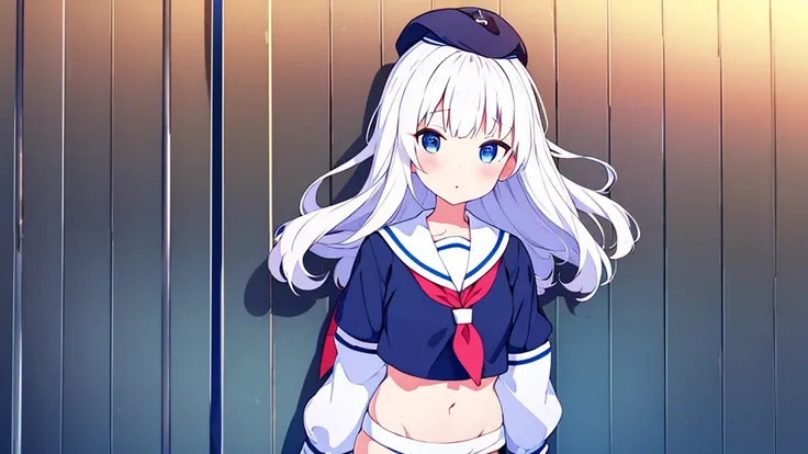 school gymnasium　primary school girl　
8 years　by plan　long white hair blue eyes white are （（1 person））　White Sailor Uniform Half Sleeve Top　Navy blue underbody mini skirt（（White panties are visible.））　black socks　sneakers　stand next to the wall　Open your l...