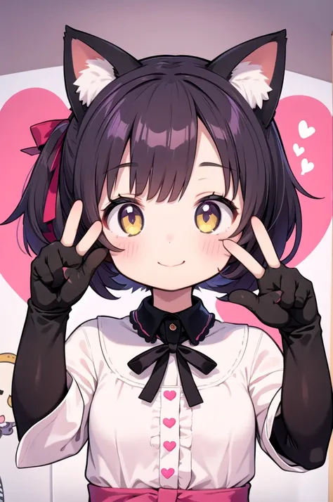 1 Girl,Catwoman,Animal ears,Tail,Looking at the audience,Smile,Peace Sign,Pink cute room,heart item,Ribbon,permanent,Upper Body,