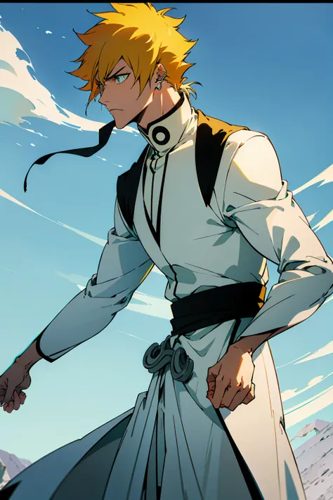 1male, Young Adult, Short Hair, Black Colored Hair, Yellow Highlights, Two Toned Hair, Sky Blue Eyes, Bleach, Hueco Mundo, Arrancar Clothing, Sunny, Muscular, White Coat, Detailed Eyes, Wavy Hair, Earring