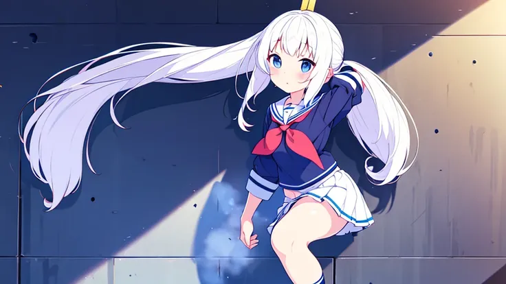 school gymnasium　primary school girl　
8 years　by plan　long white hair blue eyes white are （（1 person））　White Sailor Uniform Half Sleeve Top　Navy blue underbody mini skirt（（White panties are visible.））　black socks　sneakers　stand next to the wall　Open your l...