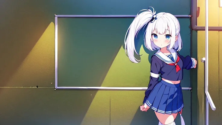 school gymnasium　primary school girl　
8 years　by plan　long white hair blue eyes white are （（1 person））　White Sailor Uniform Half Sleeve Top　Navy blue underbody mini skirt（（White panties are visible.））　black socks　sneakers　stand next to the wall　Open your l...