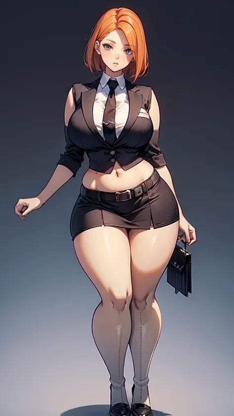 blank background, (((full body))), (masterpiece), ((best quality)), ((tall girl)), straight hair (curvy:1.7), (short skirt), shoes, belt below navel, ginger hair,, (black suit and tie), wide hips