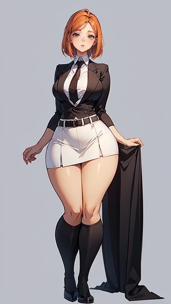 blank background, (((full body))), (masterpiece), ((best quality)), ((tall girl)), straight hair (curvy:1.7), (short skirt), shoes, belt below navel, ginger hair,, (black suit and tie), wide hips