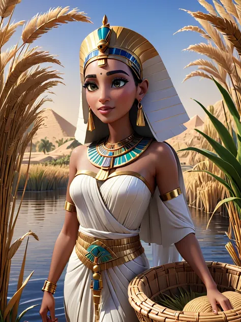 3d Egyptian princess meets Moses, inside a reed basket, Nile river background, Pixar render, cinematic smooth unreal engine, intricate detail, cinematic, high definition