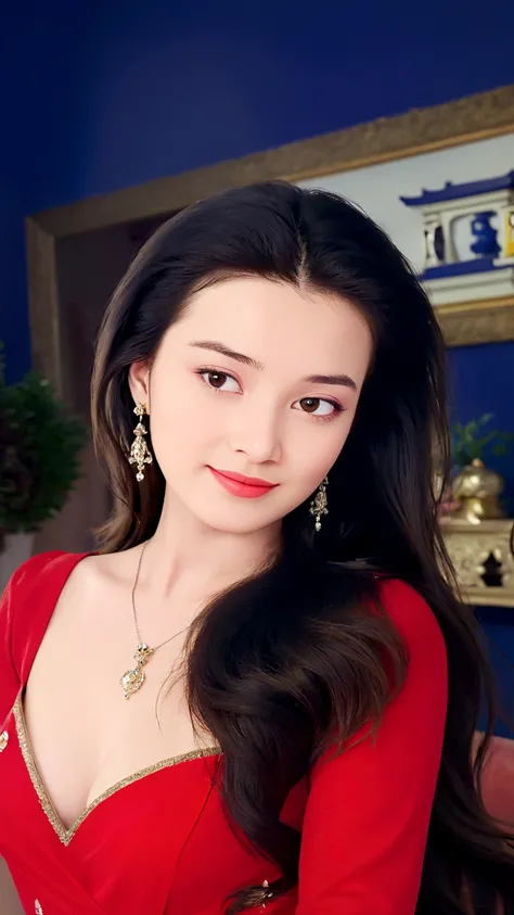 Close-up of a woman in a red dress and gold jewelry，Royal Sister，Superb beauty，a queen，Beautiful and elegant queen, portrait of a queen,  Xianxia, a beautiful fantasy empress, xianxia fantasy, Beautiful young wind spirit, inspired by Li Mei-shu, ((a beauti...