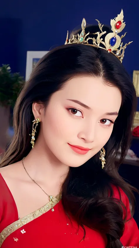 Close-up of a woman in a red dress and gold jewelry，Royal Sister，Superb beauty，a queen，Beautiful and elegant queen, portrait of a queen,  Xianxia, a beautiful fantasy empress, xianxia fantasy, Beautiful young wind spirit, inspired by Li Mei-shu, ((a beauti...