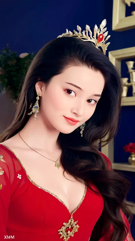 Close-up of a woman in a red dress and gold jewelry，Royal Sister，Superb beauty，a queen，Beautiful and elegant queen, portrait of a queen,  Xianxia, a beautiful fantasy empress, xianxia fantasy, Beautiful young wind spirit, inspired by Li Mei-shu, ((a beauti...